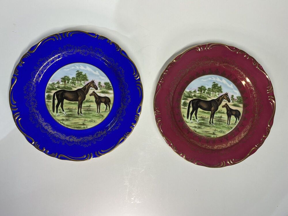 Vibrant Porcelain Plate Set of 2 Horse Cabinet Plates Decor Blue Fuschia Gold